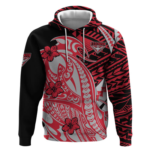 Personalized Essendon Bombers Zip Hoodie Polynesian Tribal Bomber Pilot Mascot With Hibiscus Floral Art