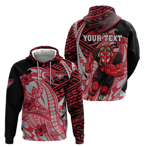 Personalized Essendon Bombers Zip Hoodie Polynesian Tribal Bomber Pilot Mascot With Hibiscus Floral Art