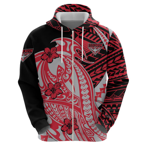 Personalized Essendon Bombers Zip Hoodie Polynesian Tribal Bomber Pilot Mascot With Hibiscus Floral Art