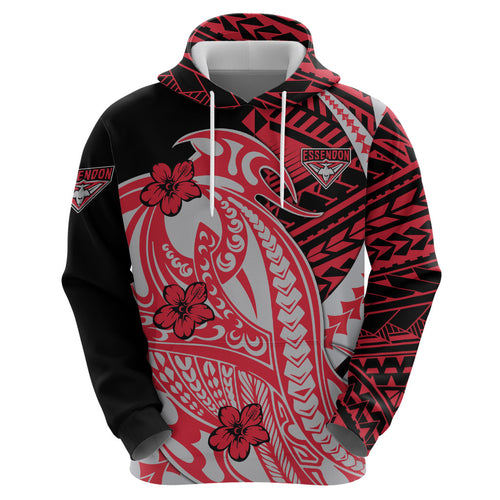 Personalized Essendon Bombers Zip Hoodie Polynesian Tribal Bomber Pilot Mascot With Hibiscus Floral Art
