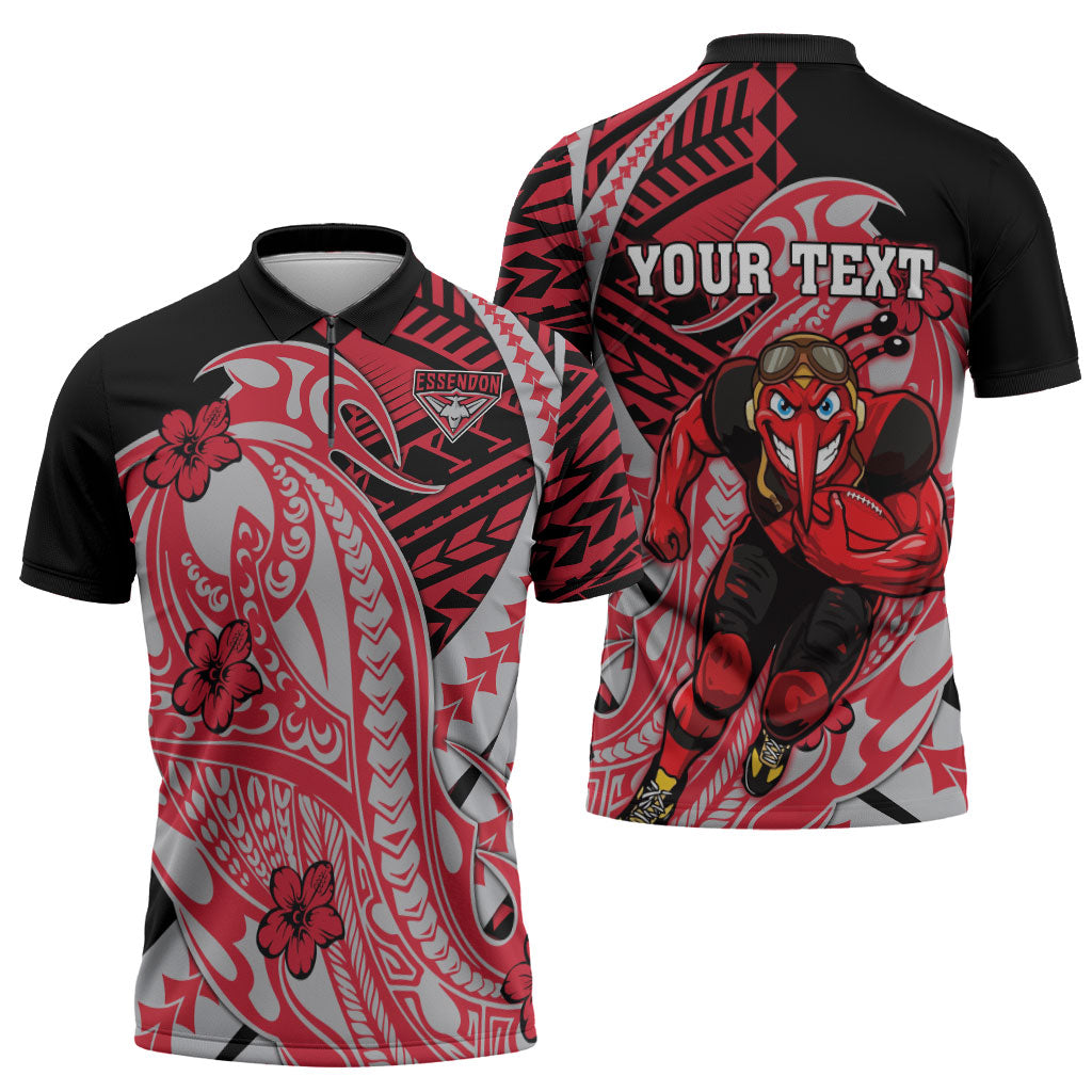 Personalized Essendon Bombers Zipper Polo Shirt Polynesian Tribal Bomber Pilot Mascot With Hibiscus Floral Art