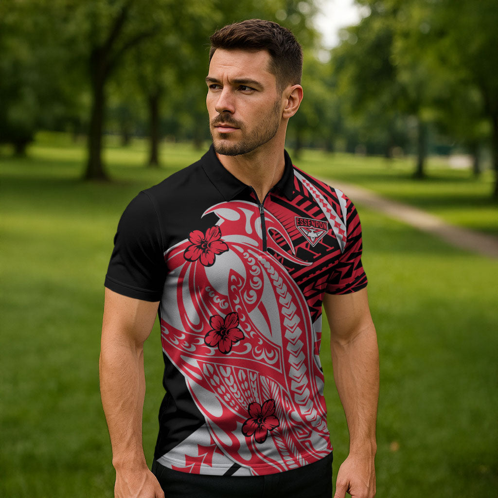 Personalized Essendon Bombers Zipper Polo Shirt Polynesian Tribal Bomber Pilot Mascot With Hibiscus Floral Art