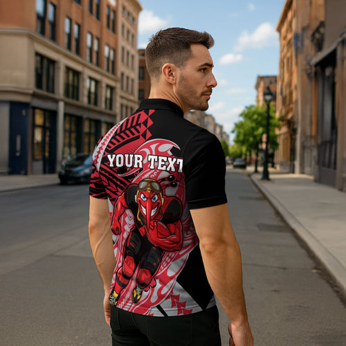 Personalized Essendon Bombers Zipper Polo Shirt Polynesian Tribal Bomber Pilot Mascot With Hibiscus Floral Art