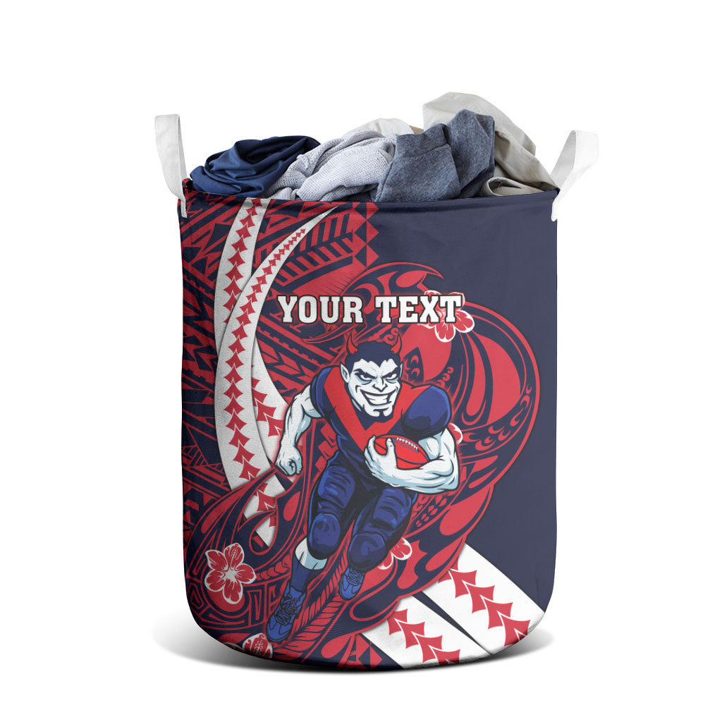 Personalized Melbourne Demons Laundry Basket Polynesian Tribal Demon Mascot With Hibiscus Floral Art