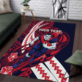 Personalized Melbourne Demons Area Rug Polynesian Tribal Demon Mascot With Hibiscus Floral Art