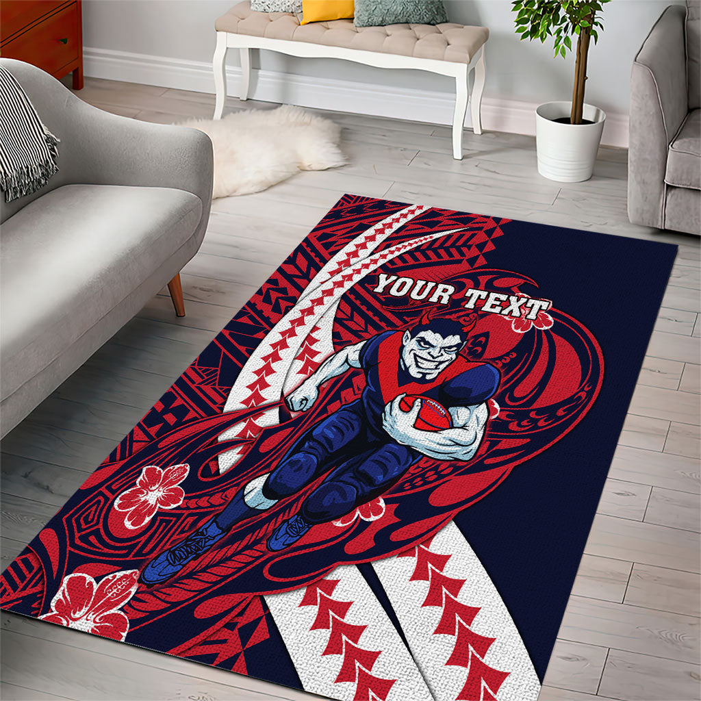 Personalized Melbourne Demons Area Rug Polynesian Tribal Demon Mascot With Hibiscus Floral Art
