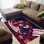Personalized Melbourne Demons Area Rug Polynesian Tribal Demon Mascot With Hibiscus Floral Art