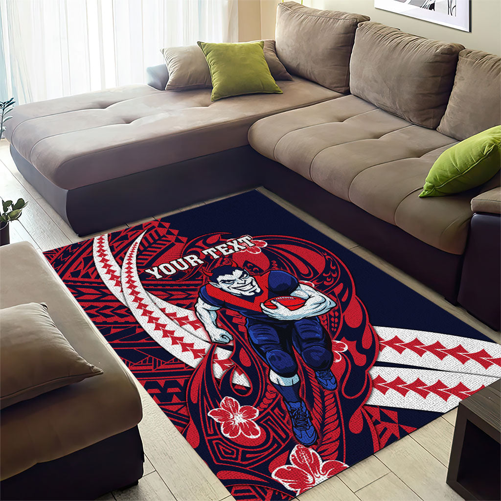 Personalized Melbourne Demons Area Rug Polynesian Tribal Demon Mascot With Hibiscus Floral Art