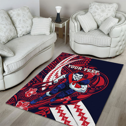 Personalized Melbourne Demons Area Rug Polynesian Tribal Demon Mascot With Hibiscus Floral Art