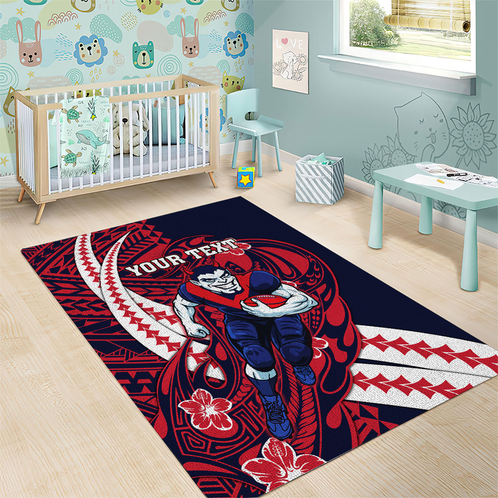 Personalized Melbourne Demons Area Rug Polynesian Tribal Demon Mascot With Hibiscus Floral Art