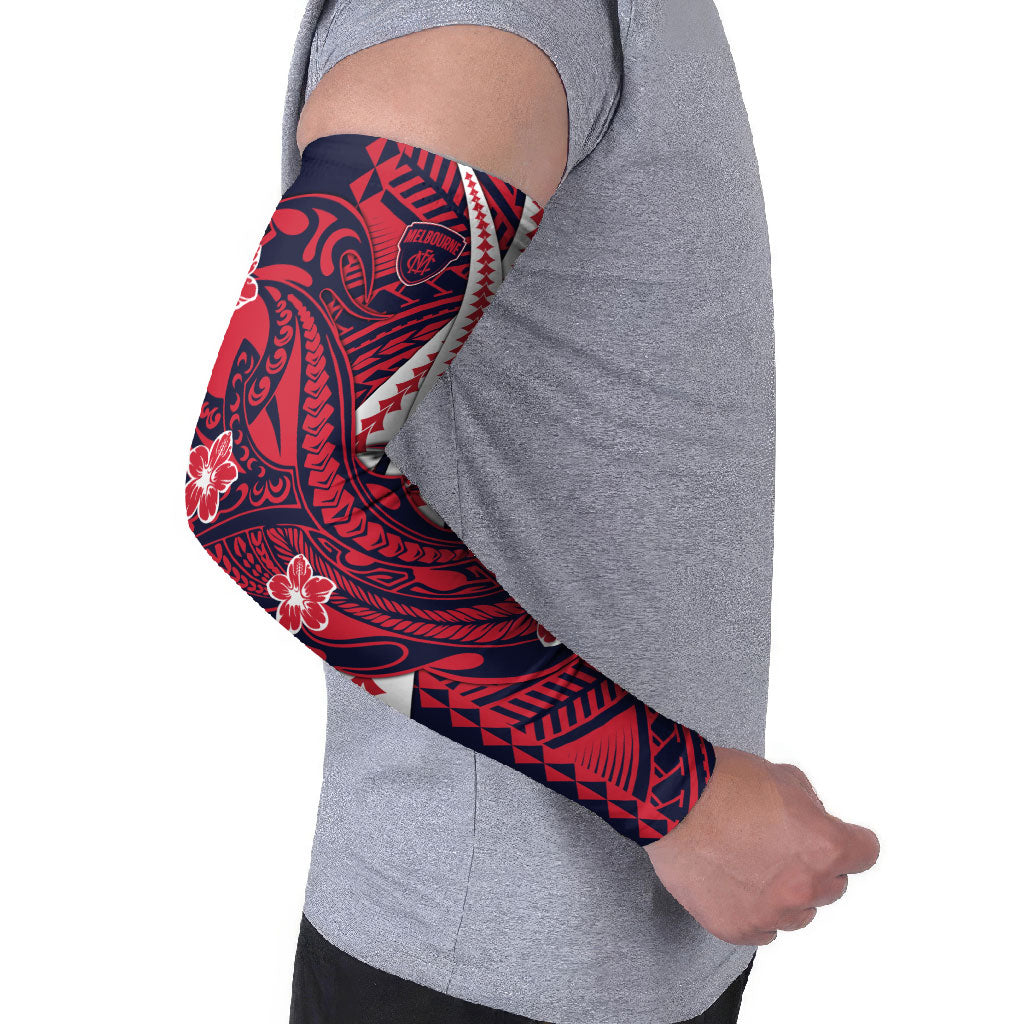 Personalized Melbourne Demons Arm Sleeves Polynesian Tribal Demon Mascot With Hibiscus Floral Art