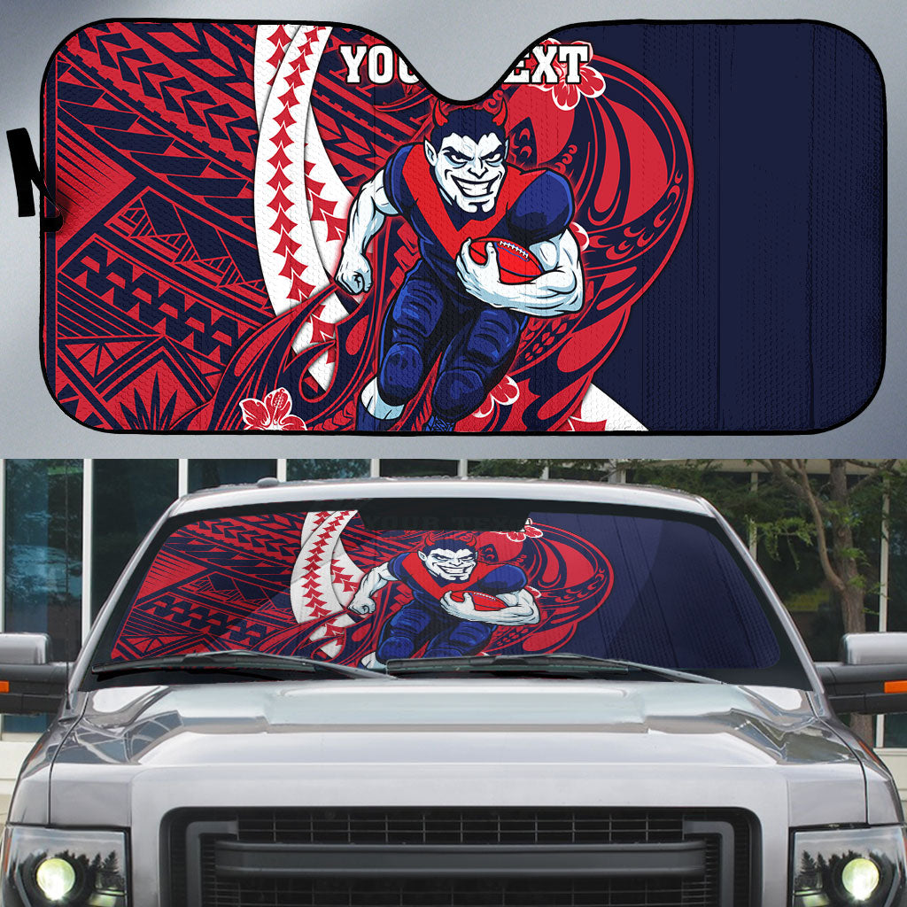 Personalized Melbourne Demons Auto Sun Shade Polynesian Tribal Demon Mascot With Hibiscus Floral Art