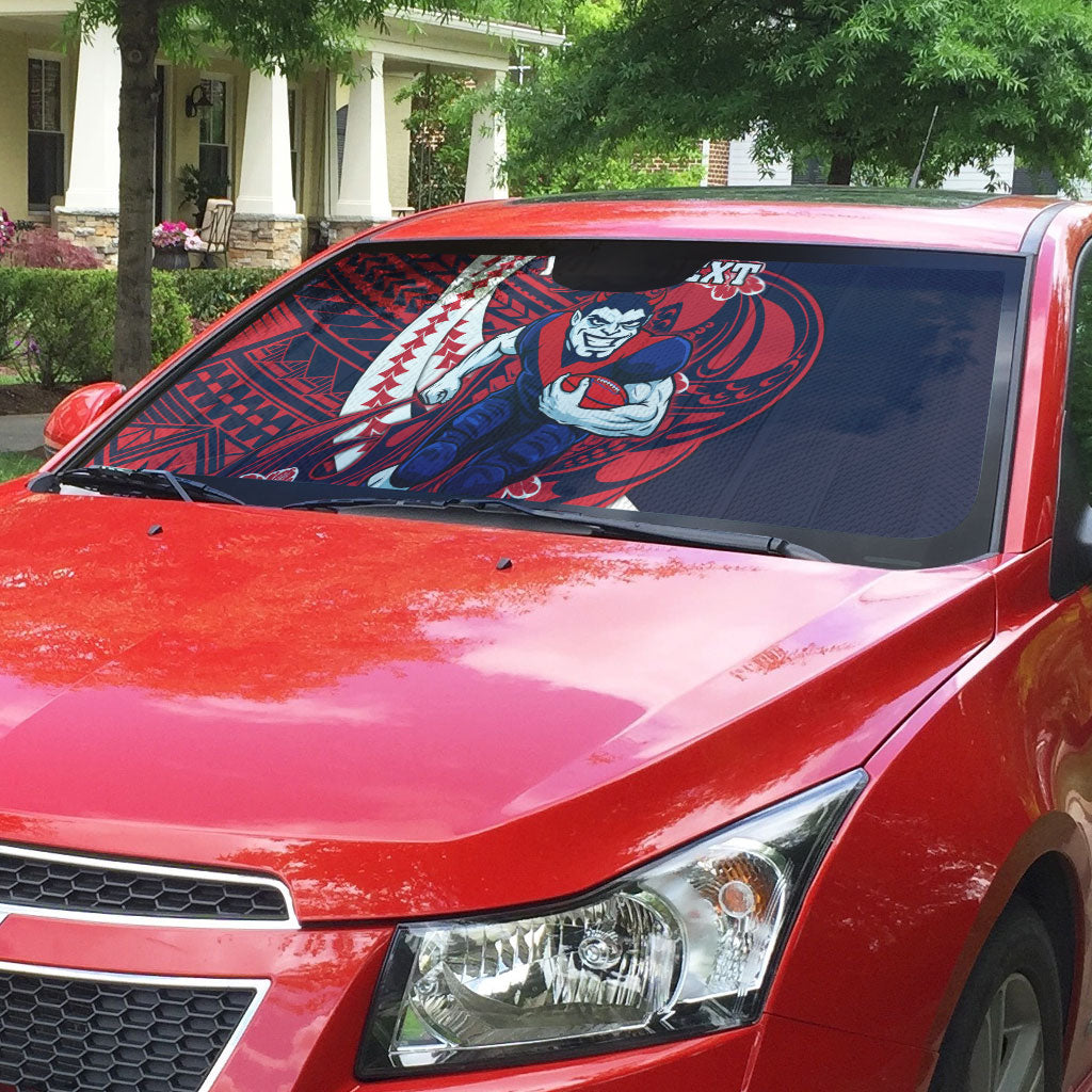 Personalized Melbourne Demons Auto Sun Shade Polynesian Tribal Demon Mascot With Hibiscus Floral Art