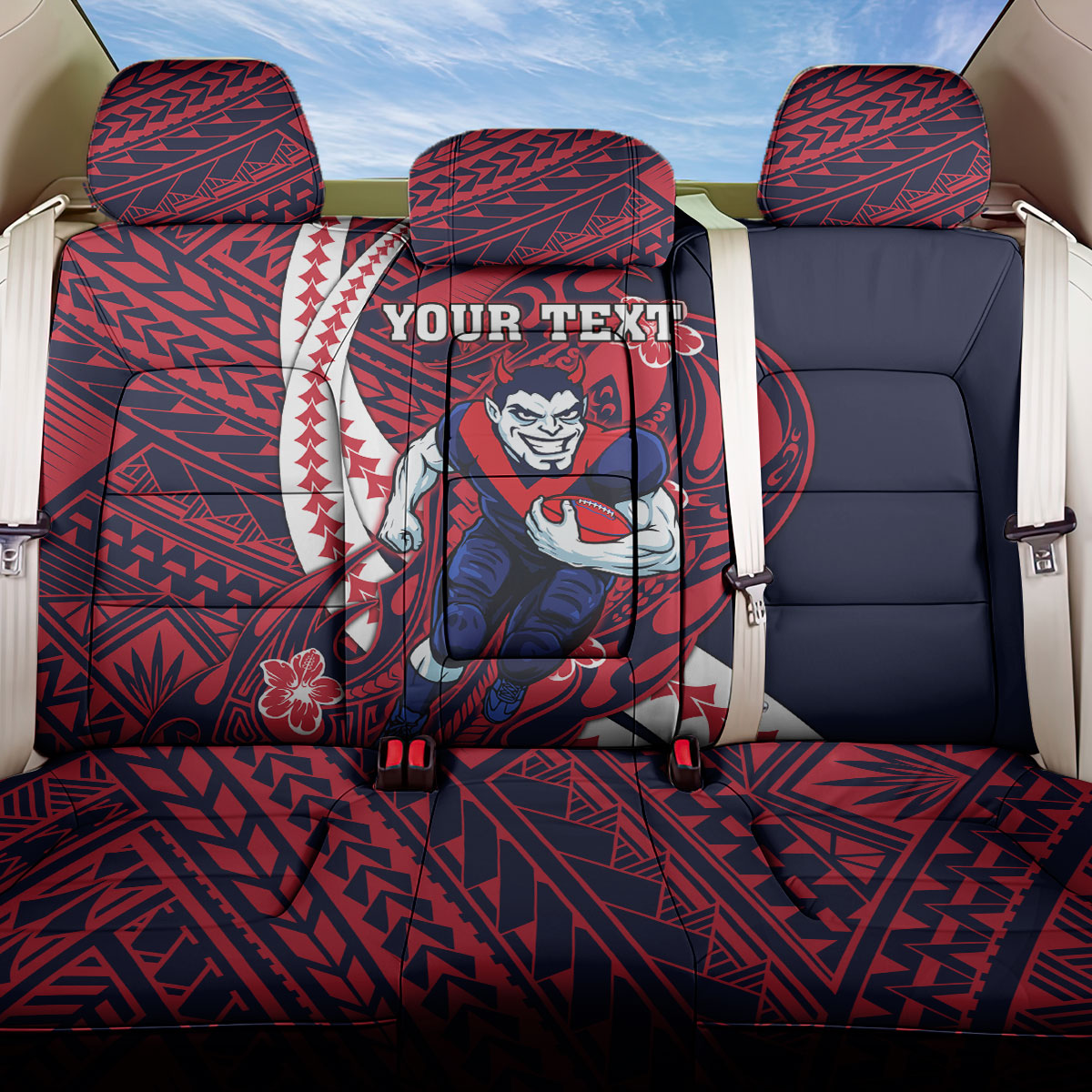 Personalized Melbourne Demons Back Car Seat Cover Polynesian Tribal Demon Mascot With Hibiscus Floral Art