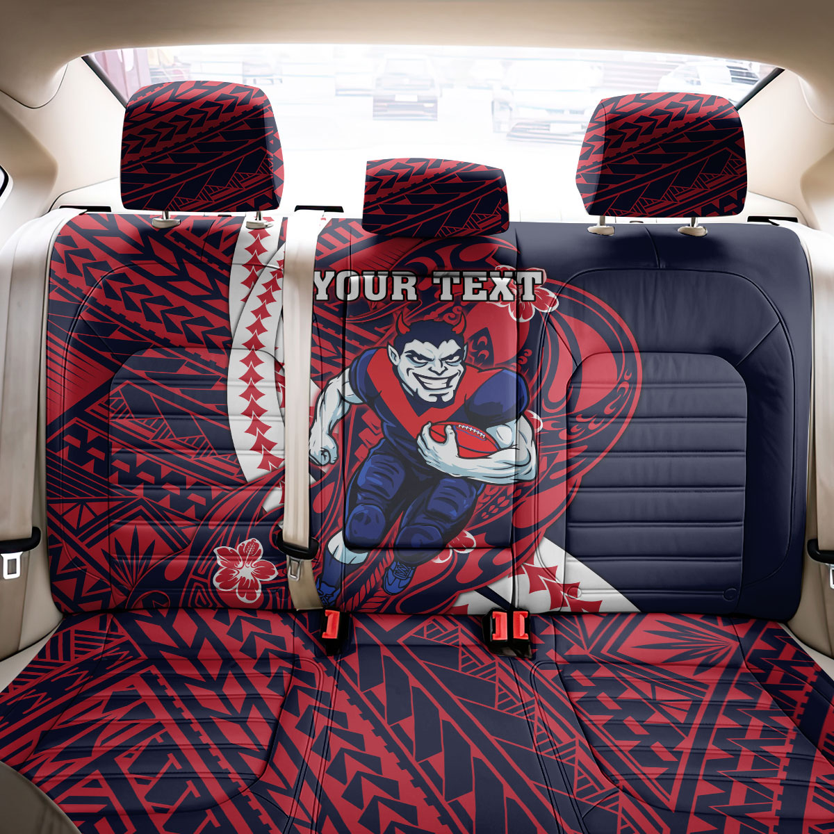 Personalized Melbourne Demons Back Car Seat Cover Polynesian Tribal Demon Mascot With Hibiscus Floral Art
