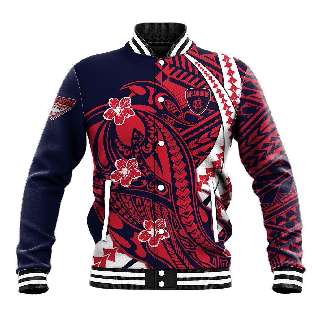 Personalized Melbourne Demons Baseball Jacket Polynesian Tribal Demon Mascot With Hibiscus Floral Art