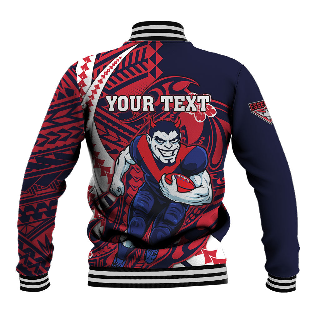 Personalized Melbourne Demons Baseball Jacket Polynesian Tribal Demon Mascot With Hibiscus Floral Art