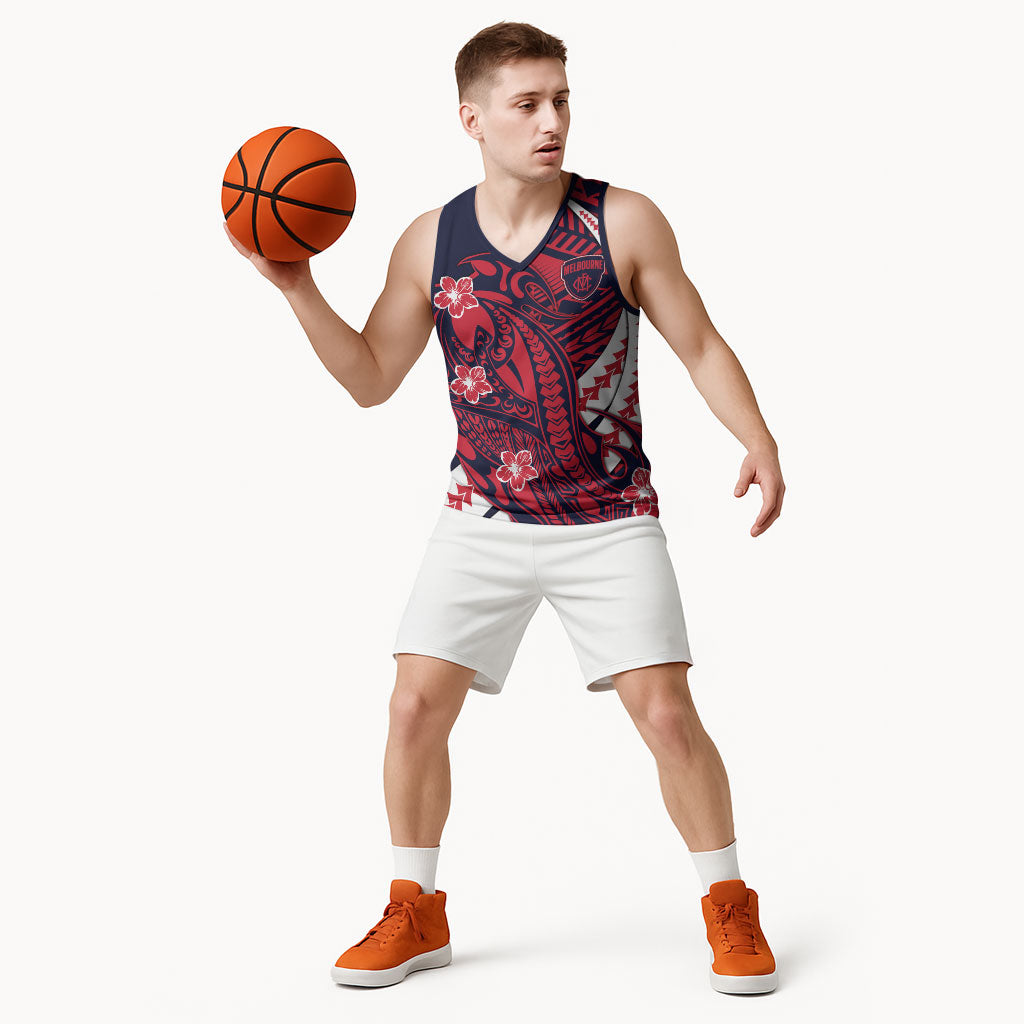 Personalized Melbourne Demons Basketball Jersey Polynesian Tribal Demon Mascot With Hibiscus Floral Art