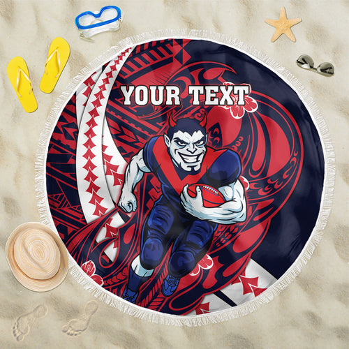 Personalized Melbourne Demons Beach Blanket Polynesian Tribal Demon Mascot With Hibiscus Floral Art