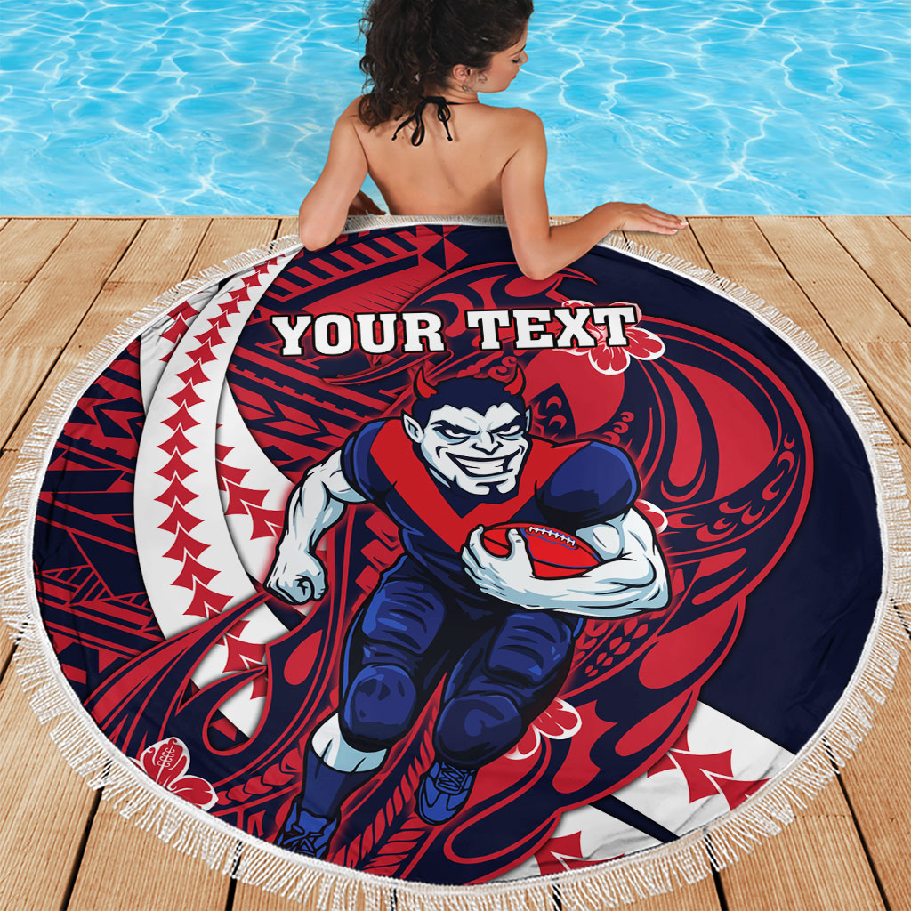 Personalized Melbourne Demons Beach Blanket Polynesian Tribal Demon Mascot With Hibiscus Floral Art