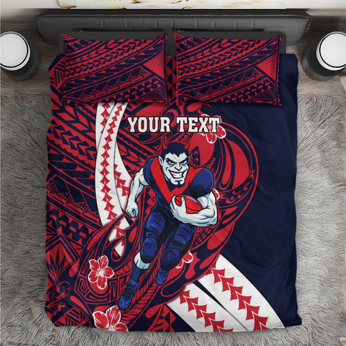 Personalized Melbourne Demons Bedding Set Polynesian Tribal Demon Mascot With Hibiscus Floral Art