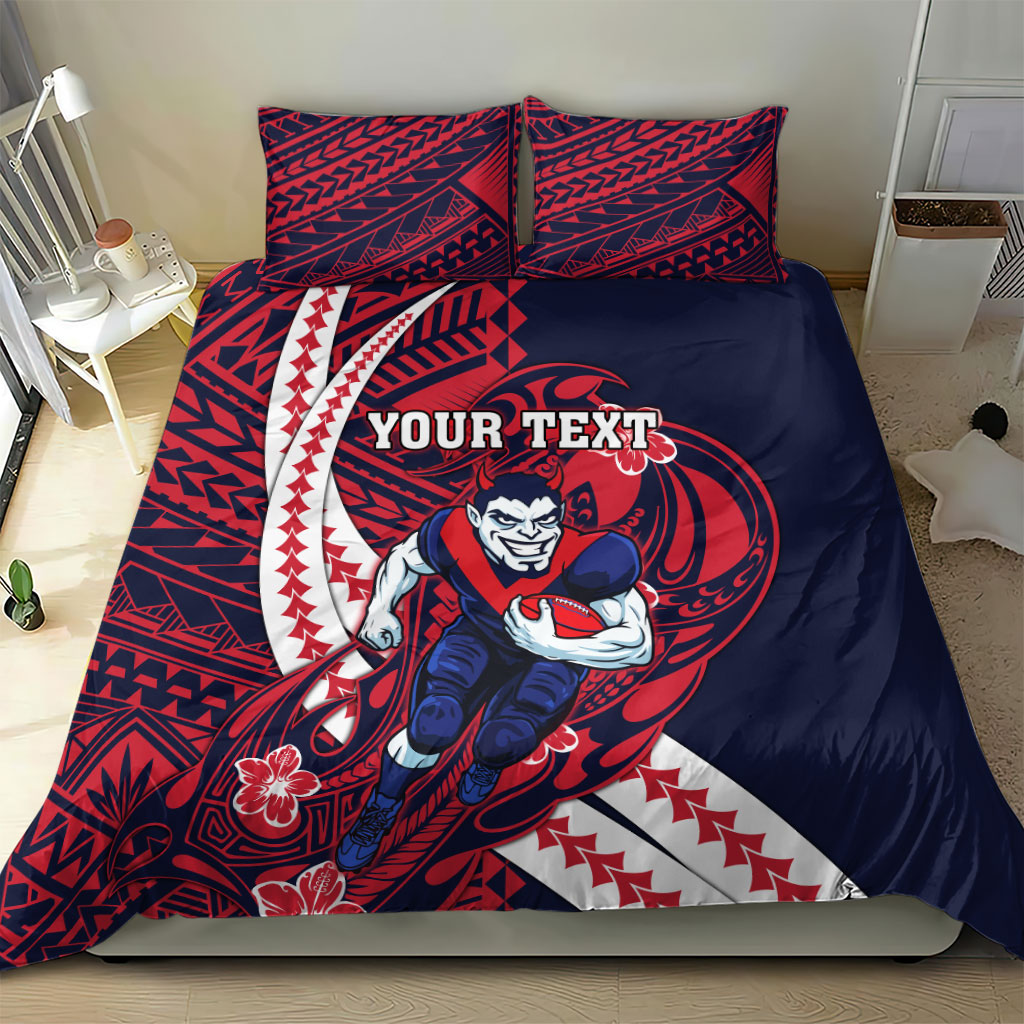Personalized Melbourne Demons Bedding Set Polynesian Tribal Demon Mascot With Hibiscus Floral Art