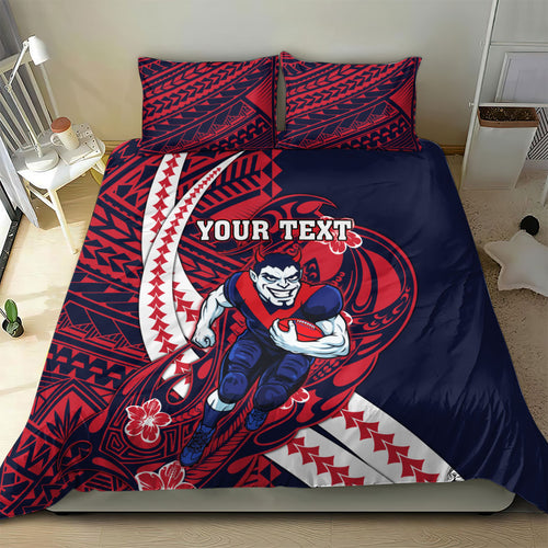 Personalized Melbourne Demons Bedding Set Polynesian Tribal Demon Mascot With Hibiscus Floral Art