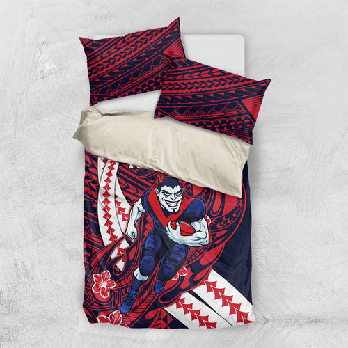 Personalized Melbourne Demons Bedding Set Polynesian Tribal Demon Mascot With Hibiscus Floral Art