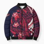 Personalized Melbourne Demons Bomber Puffer Jacket Polynesian Tribal Demon Mascot With Hibiscus Floral Art