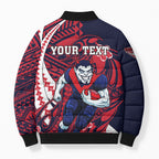 Personalized Melbourne Demons Bomber Puffer Jacket Polynesian Tribal Demon Mascot With Hibiscus Floral Art