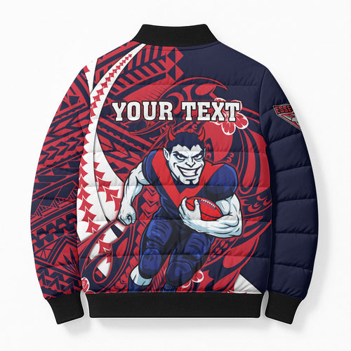 Personalized Melbourne Demons Bomber Puffer Jacket Polynesian Tribal Demon Mascot With Hibiscus Floral Art