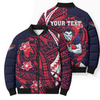 Personalized Melbourne Demons Bomber Puffer Jacket Polynesian Tribal Demon Mascot With Hibiscus Floral Art