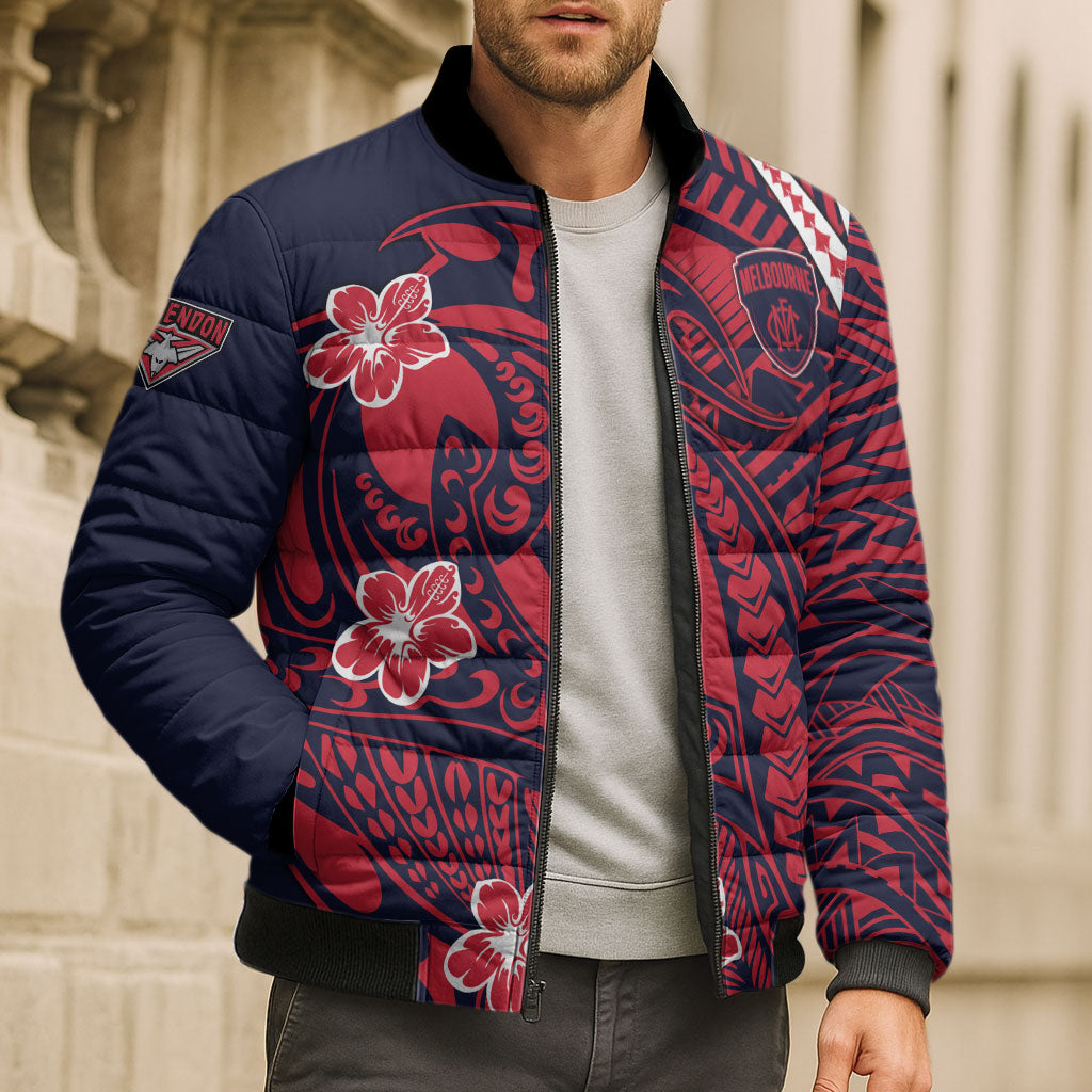 Personalized Melbourne Demons Bomber Puffer Jacket Polynesian Tribal Demon Mascot With Hibiscus Floral Art