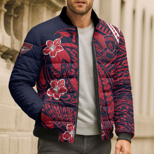 Personalized Melbourne Demons Bomber Puffer Jacket Polynesian Tribal Demon Mascot With Hibiscus Floral Art