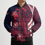 Personalized Melbourne Demons Bomber Puffer Jacket Polynesian Tribal Demon Mascot With Hibiscus Floral Art