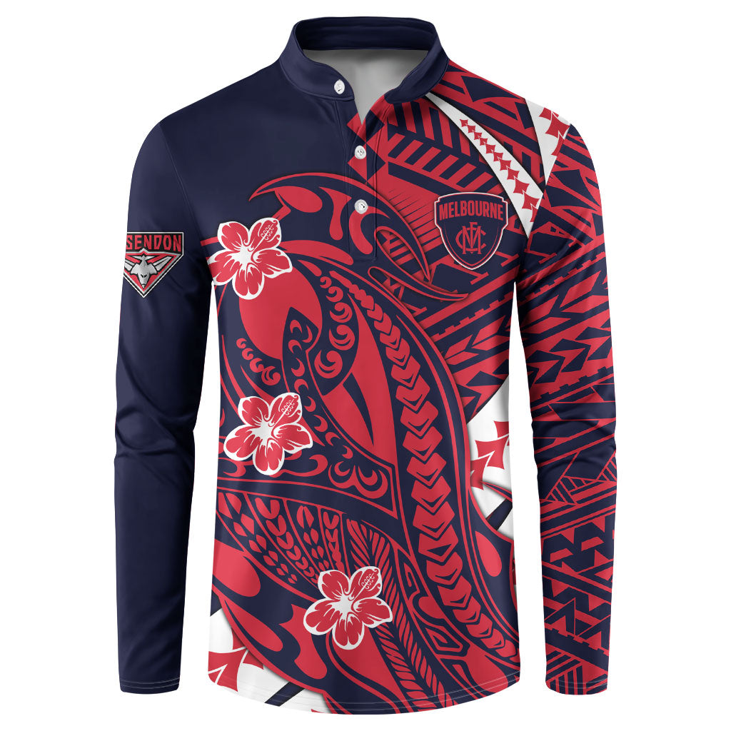 Personalized Melbourne Demons Button Sweatshirt Polynesian Tribal Demon Mascot With Hibiscus Floral Art