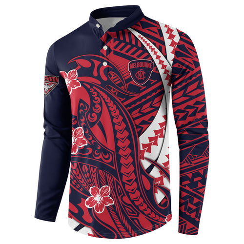 Personalized Melbourne Demons Button Sweatshirt Polynesian Tribal Demon Mascot With Hibiscus Floral Art