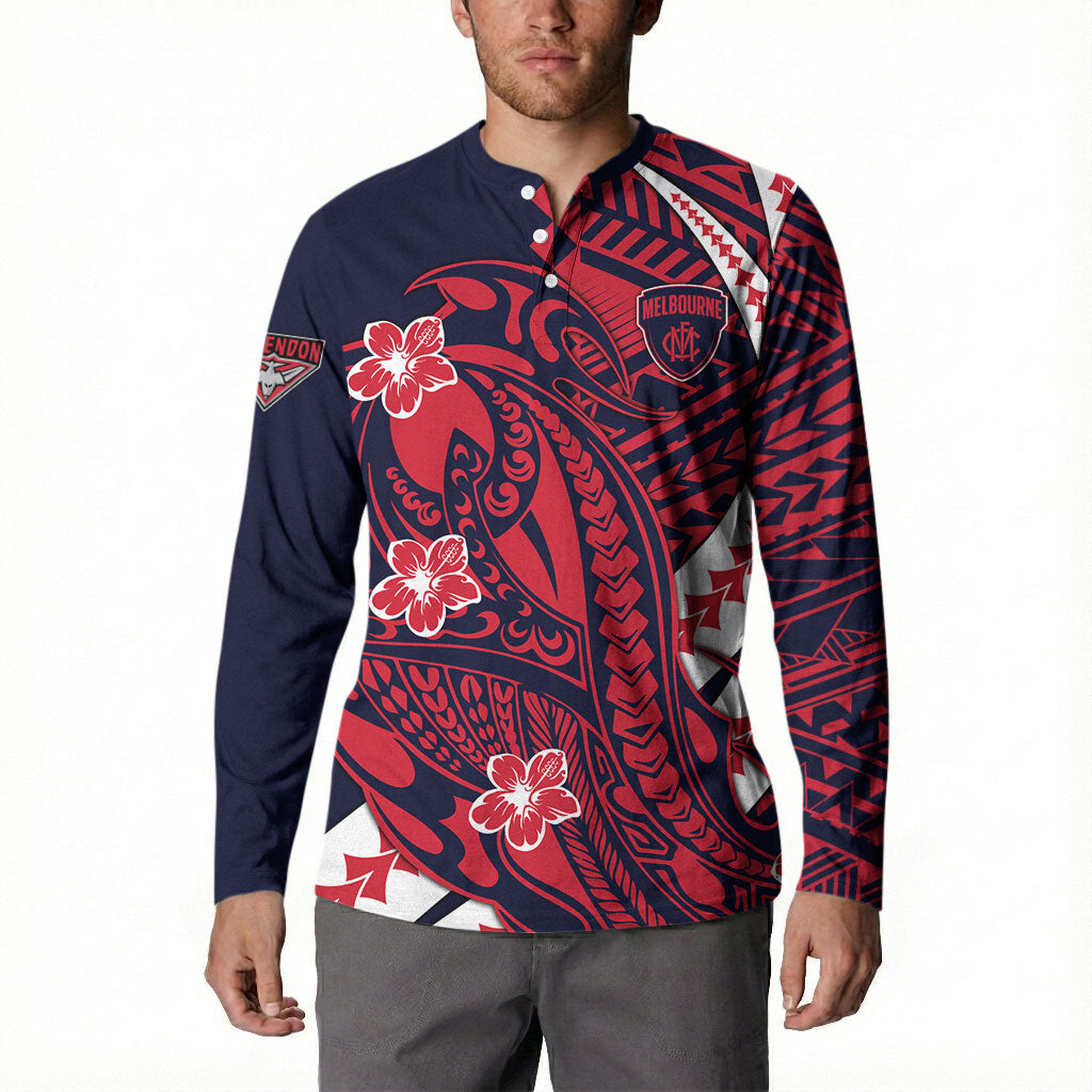Personalized Melbourne Demons Button Sweatshirt Polynesian Tribal Demon Mascot With Hibiscus Floral Art