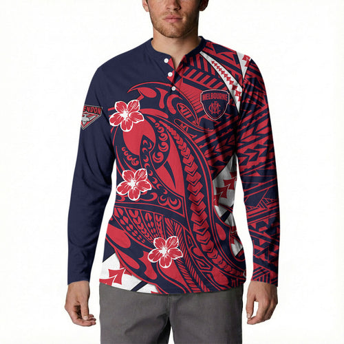 Personalized Melbourne Demons Button Sweatshirt Polynesian Tribal Demon Mascot With Hibiscus Floral Art
