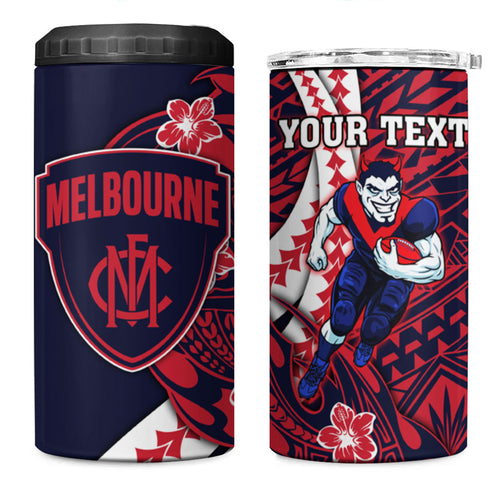 Personalized Melbourne Demons 4 in 1 Can Cooler Tumbler Polynesian Tribal Demon Mascot With Hibiscus Floral Art