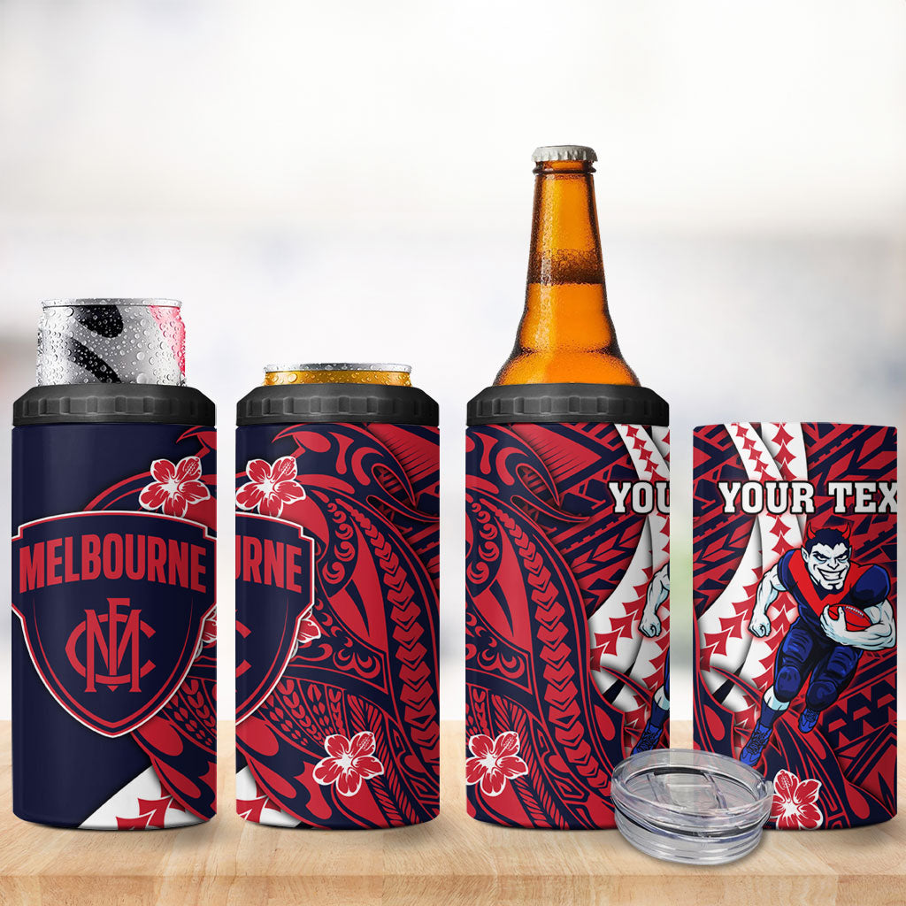 Personalized Melbourne Demons 4 in 1 Can Cooler Tumbler Polynesian Tribal Demon Mascot With Hibiscus Floral Art