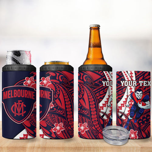 Personalized Melbourne Demons 4 in 1 Can Cooler Tumbler Polynesian Tribal Demon Mascot With Hibiscus Floral Art