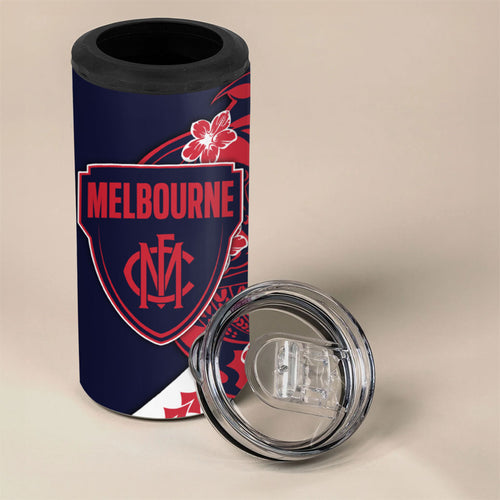 Personalized Melbourne Demons 4 in 1 Can Cooler Tumbler Polynesian Tribal Demon Mascot With Hibiscus Floral Art