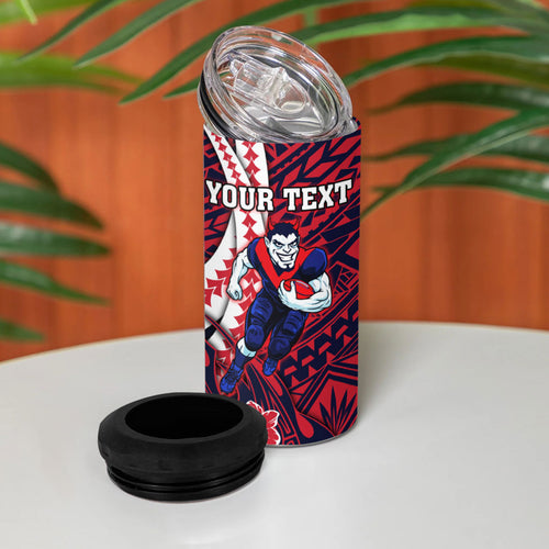Personalized Melbourne Demons 4 in 1 Can Cooler Tumbler Polynesian Tribal Demon Mascot With Hibiscus Floral Art