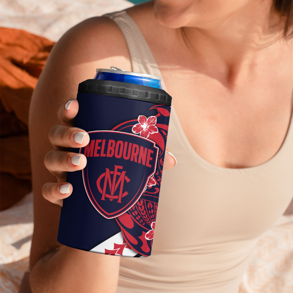 Personalized Melbourne Demons 4 in 1 Can Cooler Tumbler Polynesian Tribal Demon Mascot With Hibiscus Floral Art