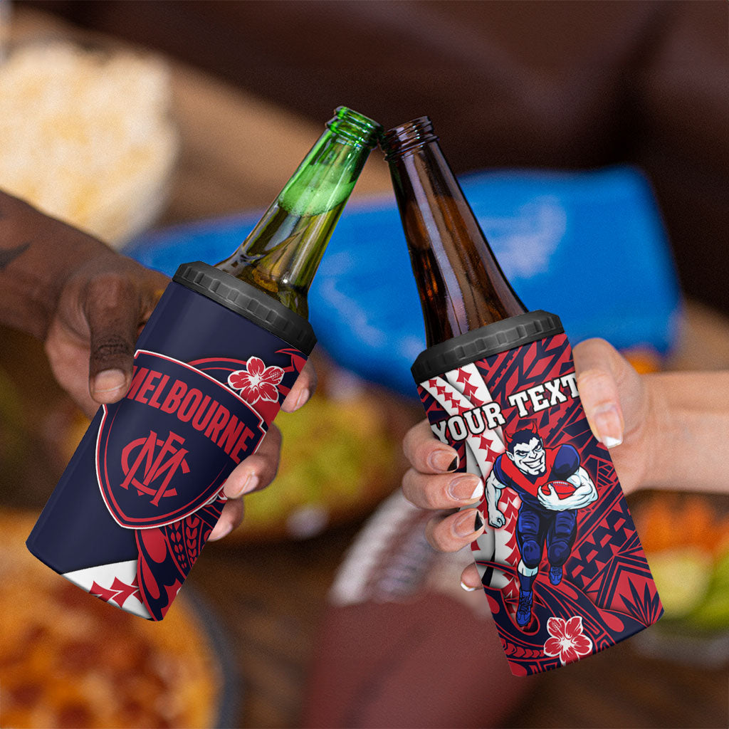 Personalized Melbourne Demons 4 in 1 Can Cooler Tumbler Polynesian Tribal Demon Mascot With Hibiscus Floral Art