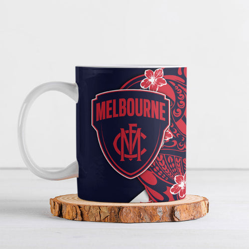 Personalized Melbourne Demons Ceramic Mug Polynesian Tribal Demon Mascot With Hibiscus Floral Art