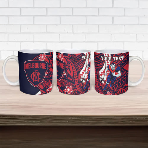 Personalized Melbourne Demons Ceramic Mug Polynesian Tribal Demon Mascot With Hibiscus Floral Art