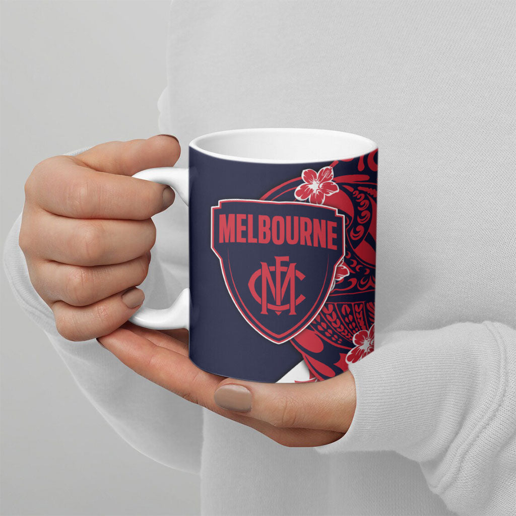 Personalized Melbourne Demons Ceramic Mug Polynesian Tribal Demon Mascot With Hibiscus Floral Art