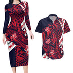 Personalized Melbourne Demons Couples Matching Long Sleeve Bodycon Dress and Hawaiian Shirt Polynesian Tribal Demon Mascot With Hibiscus Floral Art
